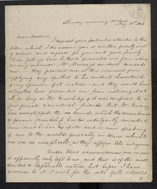 Letter of Benjamin Disraeli to Mrs Murray, 21 May 1826 - MS.42625 ff.131-132