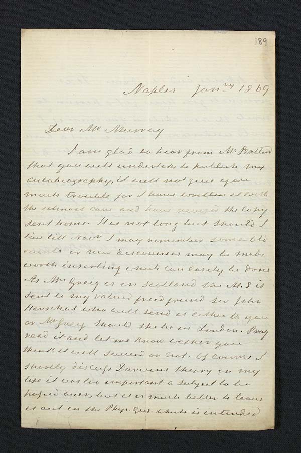 Letter of Mary Somerville to John Murray, January 1869 - Ms.41131 ff.189-190