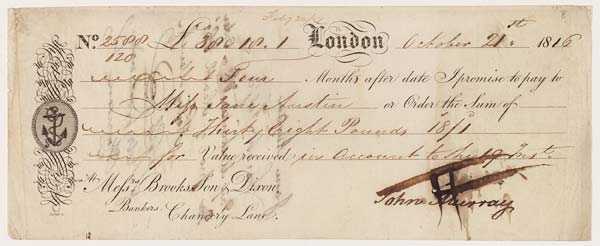 Cheque of John Murray to Jane Austen, 21 October 1816 - MS.42001 f.8