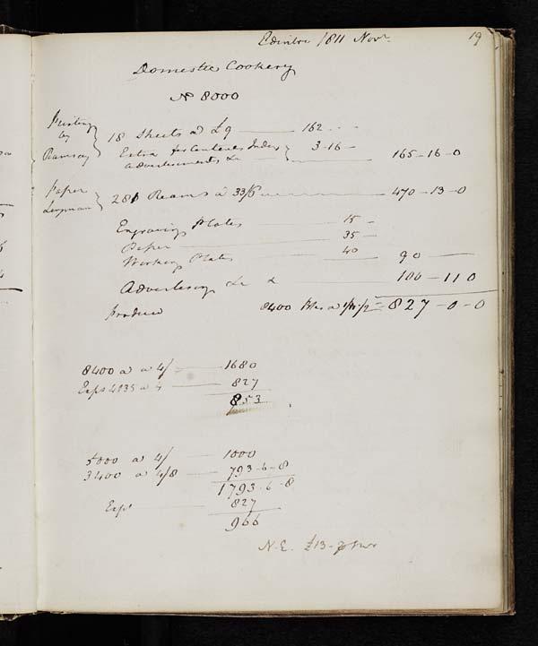 Estimated publishing costs for Maria Rundell's 'Domestic Cookery' - MS.42720 pp.16-17, 19-21 & 25 and Ms.42721 p.36
