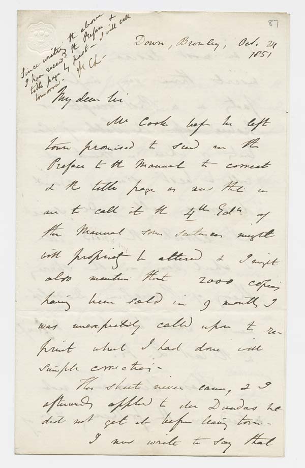 Letter of Sir Charles Lyell to John Murray, 24 October 1851 - Ms.40728 ff.87-88