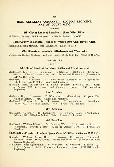 (193) Page 189 - Hon. Artillery Company -- London Regiment -- Inns of Court O.T.C