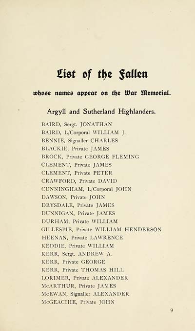 (13) Page 9 - List of the fallen whose names appear on the war memorial: Argyll and Sutherland Highlanders