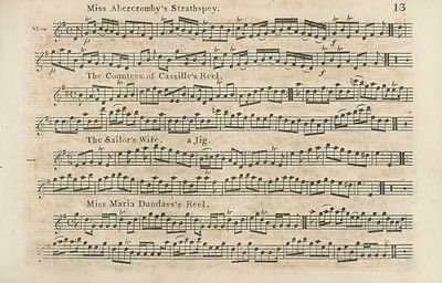 (16) Page 13 - Miss Abercromby's Strathspey -- Countess of Cassille's Reel -- Sailor's Wife, a Jig -- Miss Maria Dundass's Reel