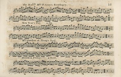 (18) Page 15 - Hon. Mrs F. Gray's Strathspey -- New Year's Day, a Jig -- Mrs Garden of Troup's Reel -- Drunken Friday, a Reel