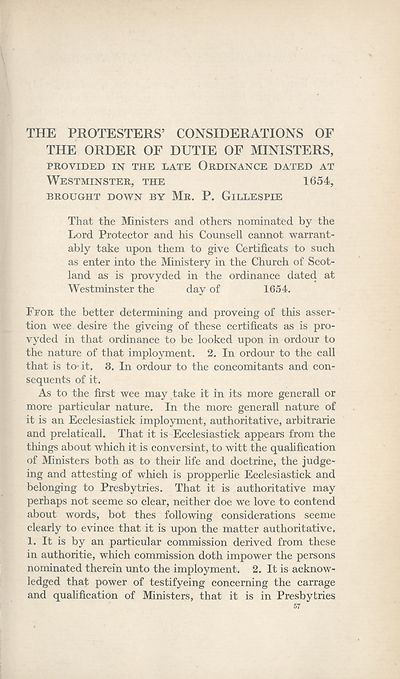 (86) Page 57 - Protestors consideration of the Order of Dutie of Ministers, provided in the late ordinance dated at Westminster, 1654