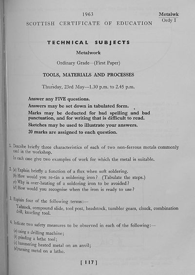 (483) Technical Subjects - Metalwork, Ordinary Grade - (First Paper) - Tools, materials and processes