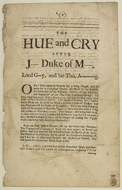 1 Hue And Cry After J Duke Of M Lord G Y And Sir Tho A G Broadsides From The Crawford Collection National Library Of Scotland
