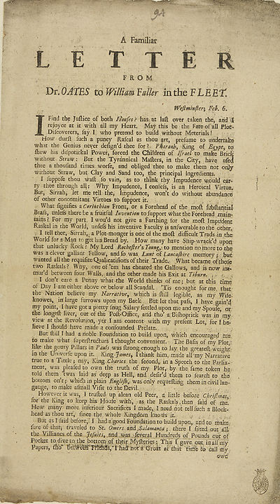 1 Familiar Letter From Dr Oates To William Fuller In The Fleet Westminster Feb 6 Broadsides From The Crawford Collection National Library Of Scotland