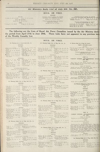 (28) Air Ministry daily list of July 6th (No. 58) ; Lists of Royal Air Force Casualties April 27th to June 29th