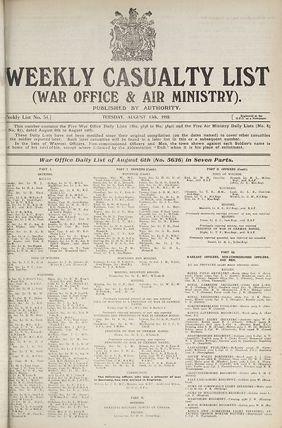 (1) War Office daily list of August 6th (No. 5636) in seven parts
