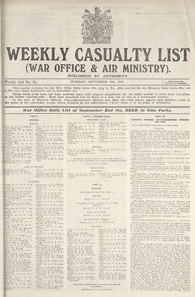 (1) War Office daily list of September 2nd (No. 5659) in nine parts