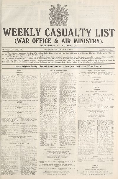 (1) War Office daily list of September 30th (No. 5683) in nine parts