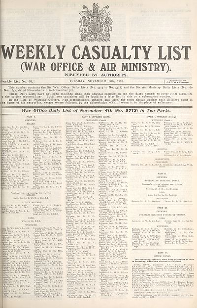 (1) War Office daily list of November 4th (No. 5713) in ten parts