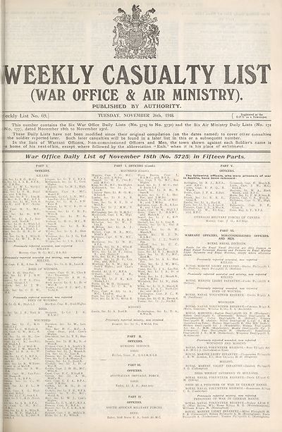 (1) War Office daily list of November 18th (No. 5725) in fifteen parts