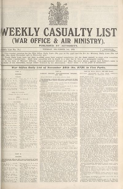 (1) War Office daily list of November 25th (No. 5731) in five parts