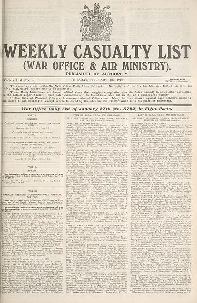 (1) War Office daily list of January 27th (No. 5782) in eight parts