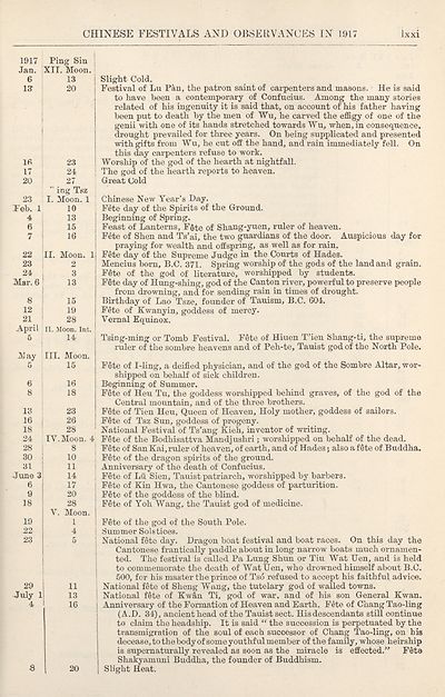 (79) Page lxxi - Chinese festivals and observances in 1917