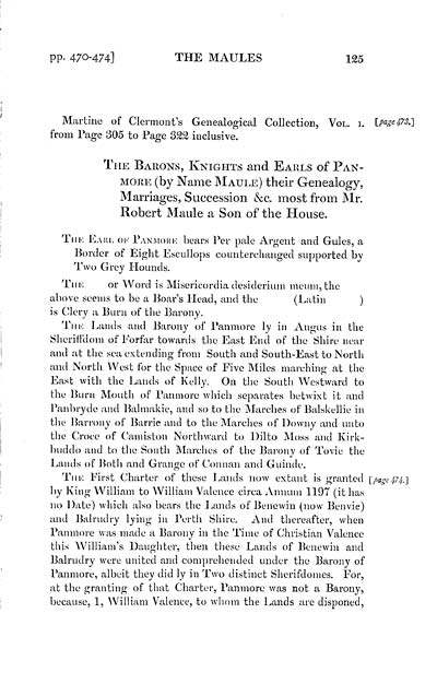 (133) Volume 2, Page 125 - Barons, knights and Earls of Panmore (by name Maule), their genealogy, marriages, succession &c. most from Mr. Robert Maule a son of the house