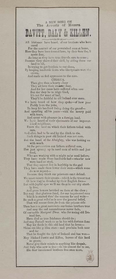 (1) New song on the arrests of Messrs Davitt, Daly & Killen