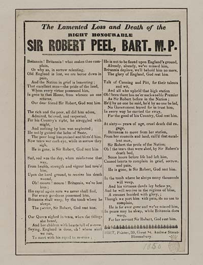 (11) Lamented loss and death of the right honourable Sir Robert Peel, Bart MP