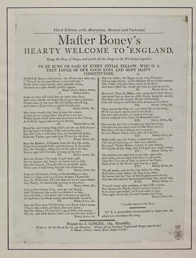(50) Master Boney's hearty welcome to England
