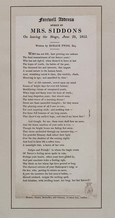 (51) Farewell address spoken by Mrs Siddons on leaving the stage, June 29, 1812