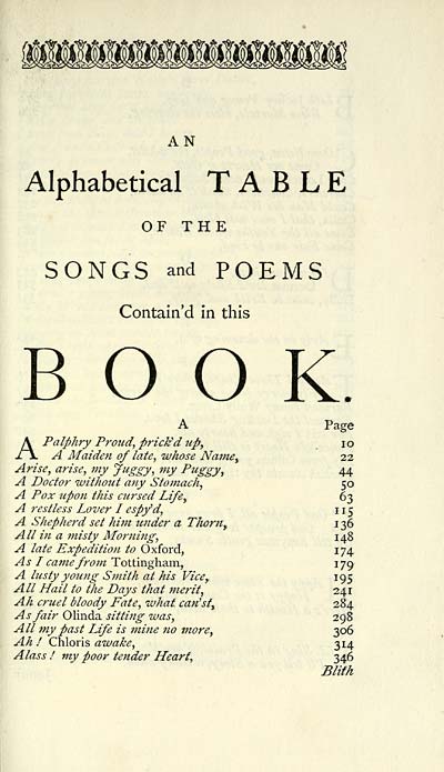 (7) Contents - Alphabetical table of the songs and poems contain'd in this book