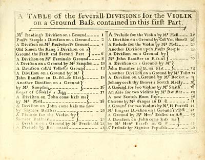 (9) Contents - Table of the several divisions for the violin on a ground bass contained in this first part