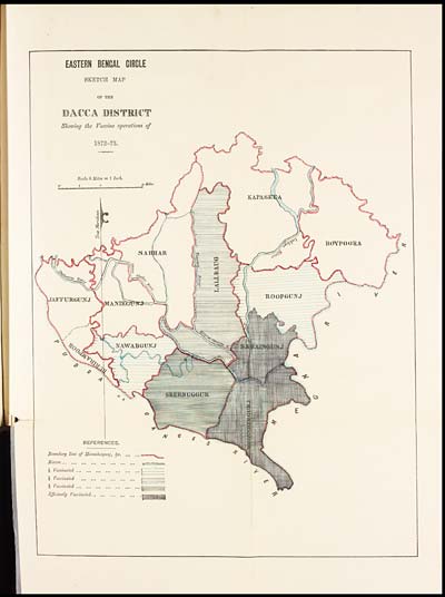 (83) Foldout open - Eastern Bengal circle sketch map of the Dacca District showing the vaccine operations of 1872-73