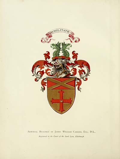 (8) Frontispiece - Armorial bearings of James William Carlile, Esq., D.L.