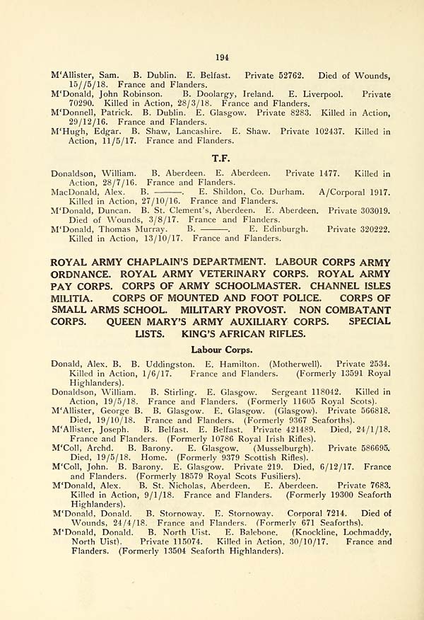 (198) Page 194 - Royal Army Chaplain's Department -- Labour Corps -- Army Ordnance -- Royal Army Veterinary Corps -- Royal Army Pay Corps -- Corps of Army Schoolmaster -- Channel Isles Militia -- Corps of Mounted and Foot Police -- Corps of Small Arms School -- Military P