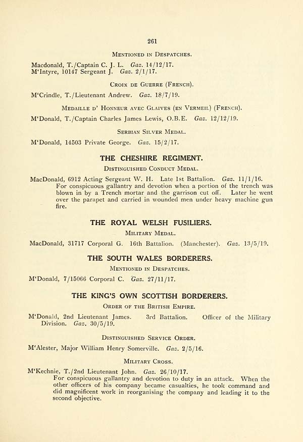 (265) Page 261 - Cheshire Regiment -- Royal Welsh Fusiliers -- South Wales Borderers -- King's Own Scottish Borderers