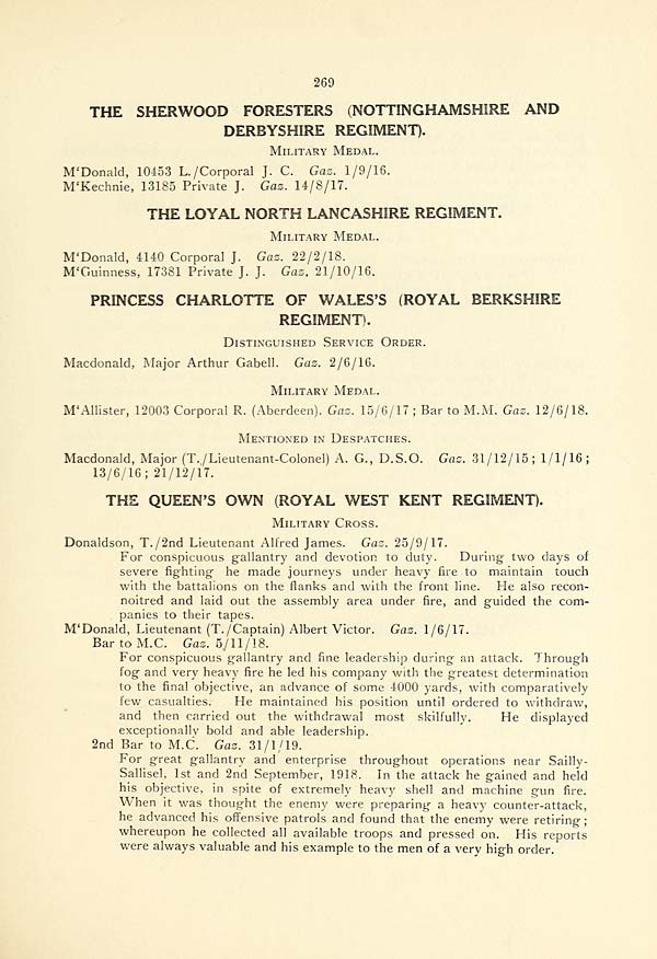 (273) Page 269 - Sherwood Foresters (Notts and Derby's Regiment) -- Loyal North Lancashire Regiment -- Prince Charlotte of Wales (Royal Berkshire Regiment) -- Queen's Own (Royal West Kent Regiment)