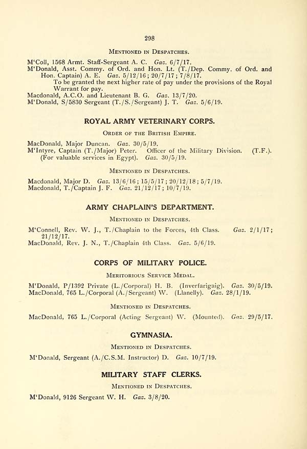(302) Page 298 - Royal Army Veterinary Corps -- Army Chaplain's Department -- Corps of Military Police -- Gymnasia -- Military Staff Clerks