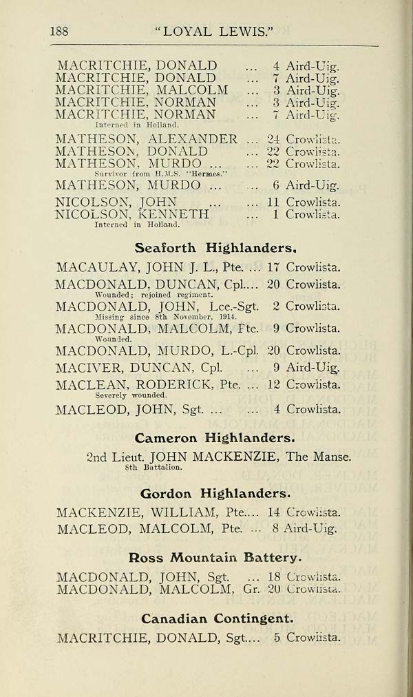 (194) Page 188 - Seaforth Highlanders -- Cameron Highlanders -- Gordon Highlanders -- Ross Mountain Battery -- Canadian contingent
