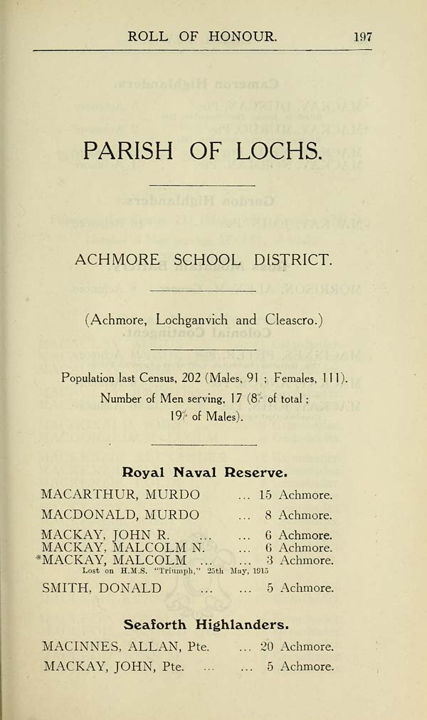 (203) Page 197 - Parish of Lochs -- Achmore School District -- Achmore, Lochganvich and Cleascro -- Royal Naval Reserve -- Seaforth Highlanders