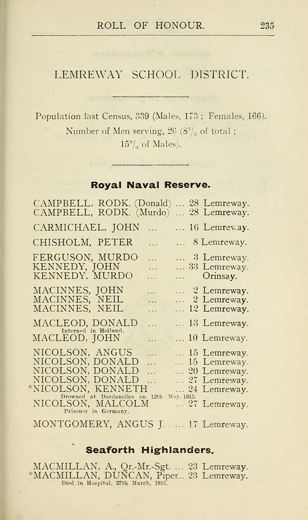 (241) Page 235 - Lemreway School District -- Royal Naval Reserve -- Seaforth Highlanders