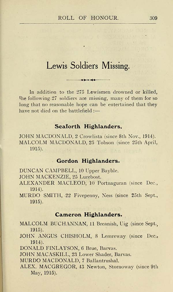 (315) Page 309 - Lewis soldiers missing -- Seaforth Highlanders -- Gordon Highlanders -- Cameron Highlanders
