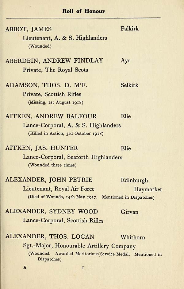 (15) Page 1 - Roll of Honour: Abbot -- Alexander