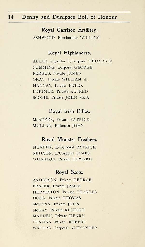 (18) Page 14 - Royal Garrison Artillery -- Royal Highlanders -- Royal Irish Rifles -- Royal Munster Fusiliers -- Royal Scots