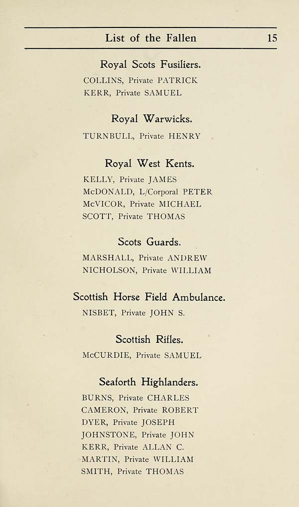 (19) Page 15 - Royal Scots Fusiliers -- Royal Warwicks -- Royal West Kents -- Scots Guards -- Scottish Horse Field Ambulance -- Scottish Rifles -- Seaforth Highlanders