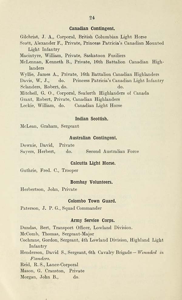 (26) Page 24 - Canadian Contingent -- Indian Scottish -- Australian Scottish -- Calcutta Light Horse -- Bombay Volunteers -- Colombo Town Guard -- Army Service Corps