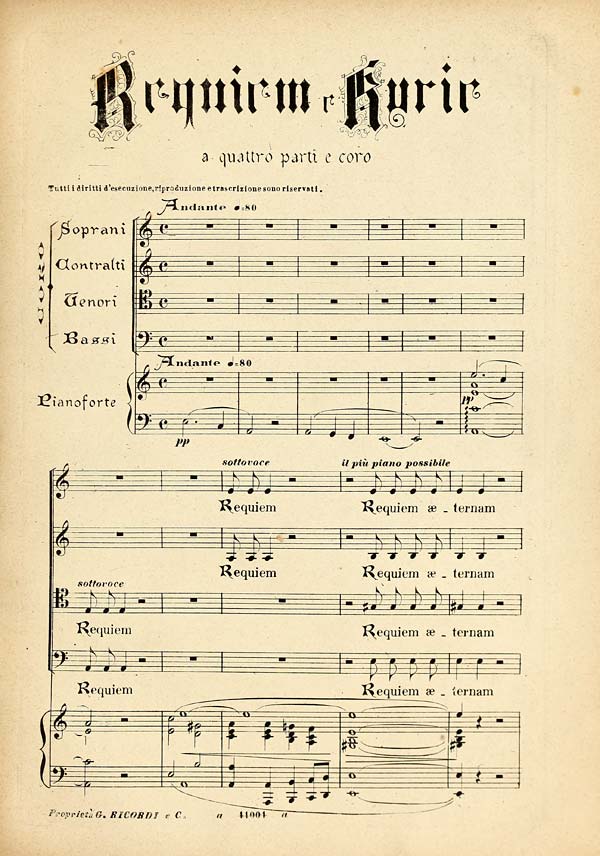 (15) [Page 1] - No. 1. Requiem e Kyrie a quattro parti: Soprano, Mezzo-Soprano, Tenore e Basso -- Coro