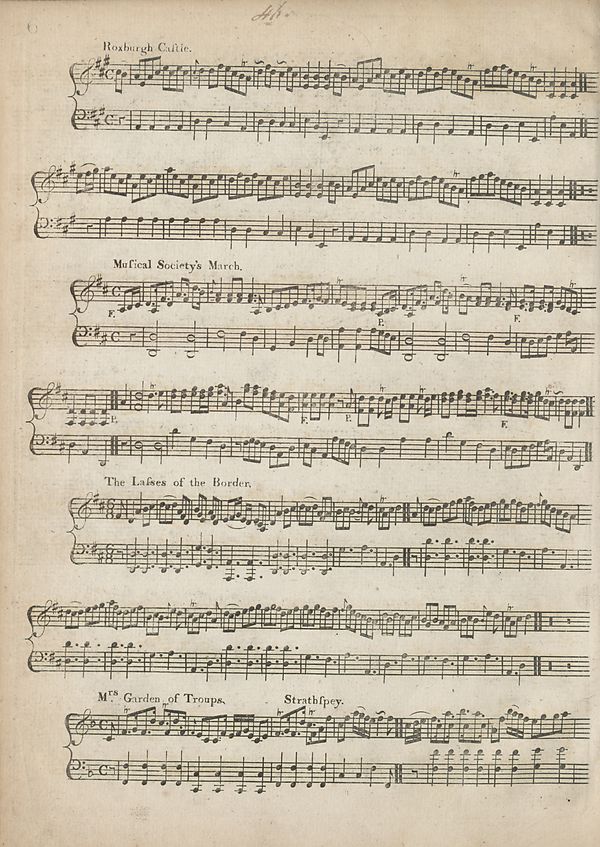 (14) Page 6 - Roxburgh Castle -- Musical Scociety's March -- Lasses of the Border -- Mrs Garden of Troups