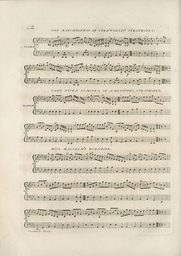 (30) Page 22 - Marchioness of Cornwallis' Strathspey; Lady Niven Lumsden of Achindoir's Strathspey; Miss Malcolm's Hornpipe