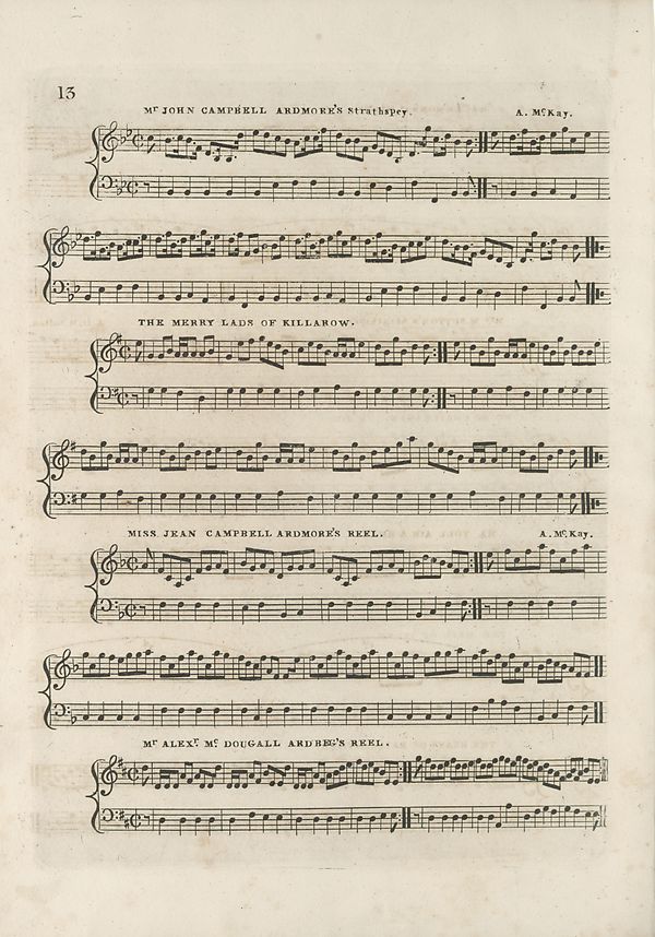 (18) Page 13 - Mr. John Campbell Ardmore's strathspey -- Merry lads of Killarow -- Miss Jean Campbell Ardmore's reel -- Mr. Alexr. McDougall Ardbeg's reel