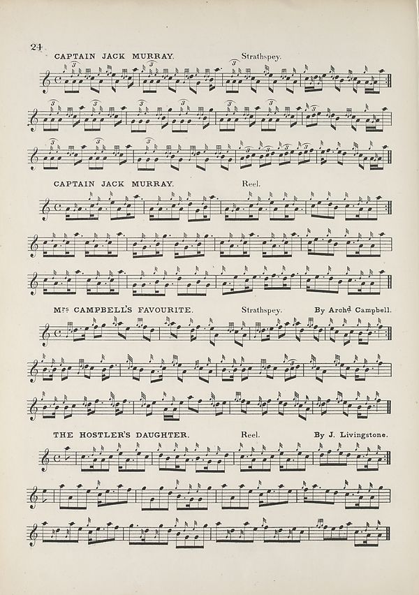 (36) Page 24 - Captain Jack Murray (strathspey) -- Captain Jack Murray (reel) -- Mrs Campbell's favourite -- Hostler's daughter