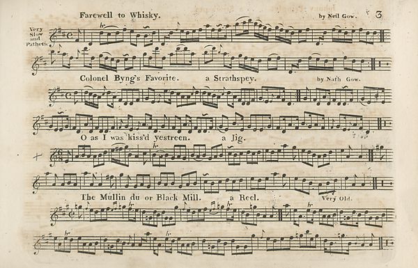 (6) Page 3 - Farewell to Whisky -- Colonel Byng's Favourite, a Strathspey -- O as I was kiss'd yestereen, a Jig -- Mullin du or Black Mill, a Reel
