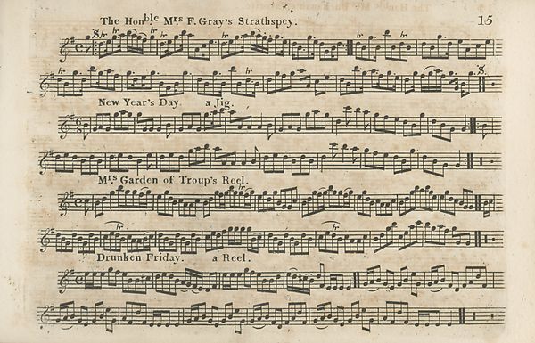 (18) Page 15 - Hon. Mrs F. Gray's Strathspey -- New Year's Day, a Jig -- Mrs Garden of Troup's Reel -- Drunken Friday, a Reel